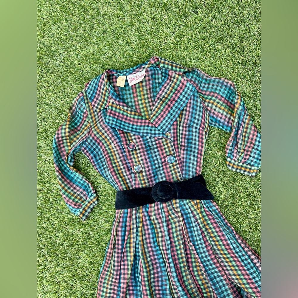 NWT Deadstock Vintage 1950s Betty Barclay Rainbow Plaid Silk Dress- size S